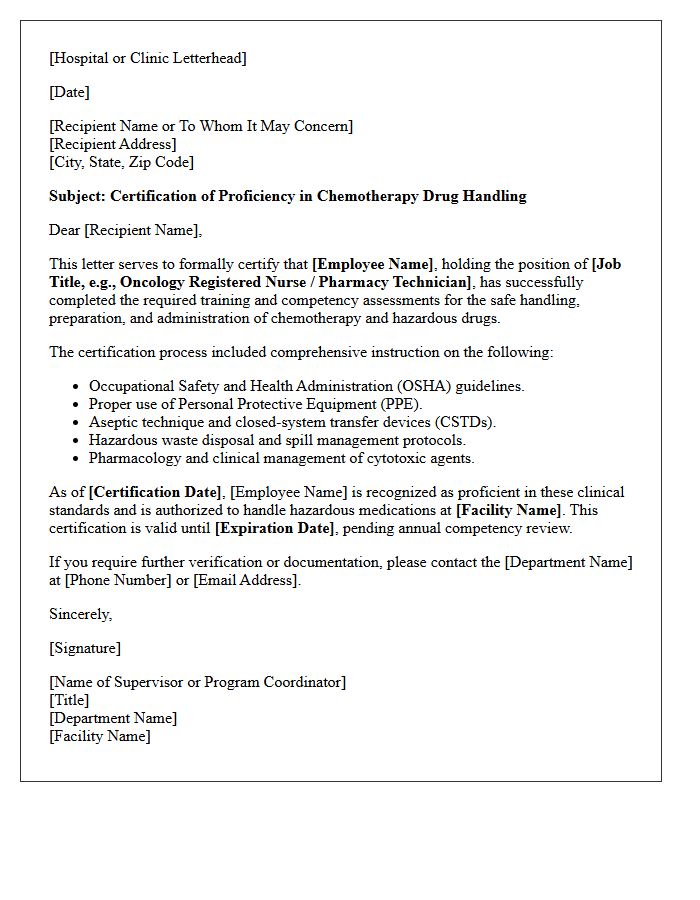 Chemotherapy Drug Handling Certification Letter