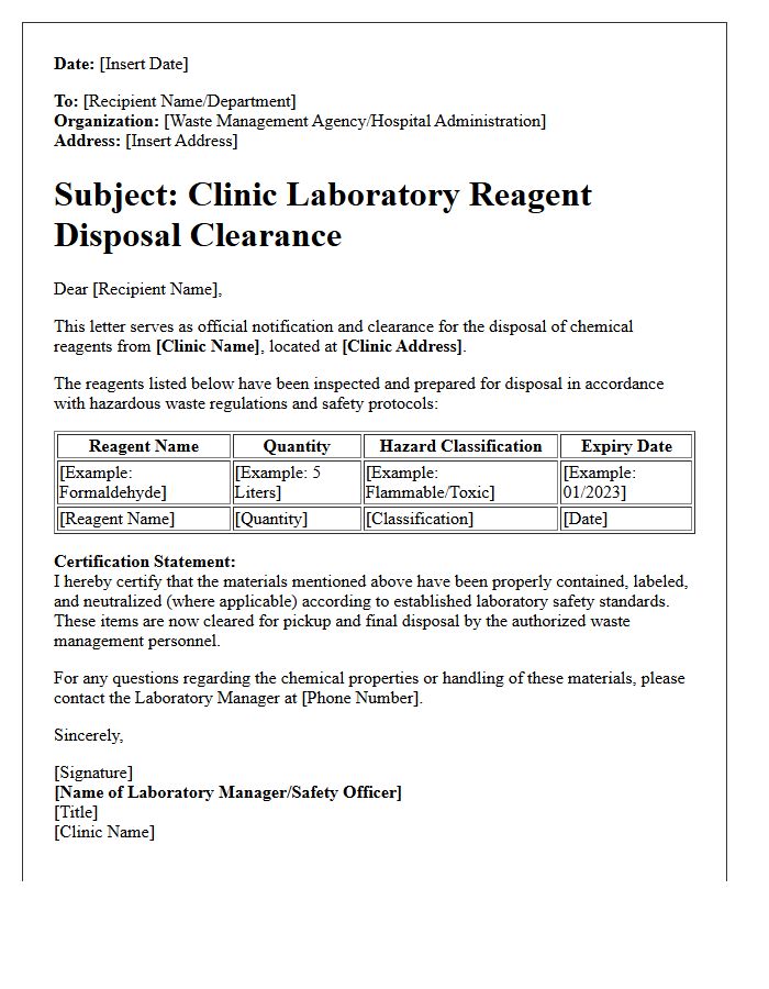Clinic Laboratory Reagent Disposal Clearance Letter