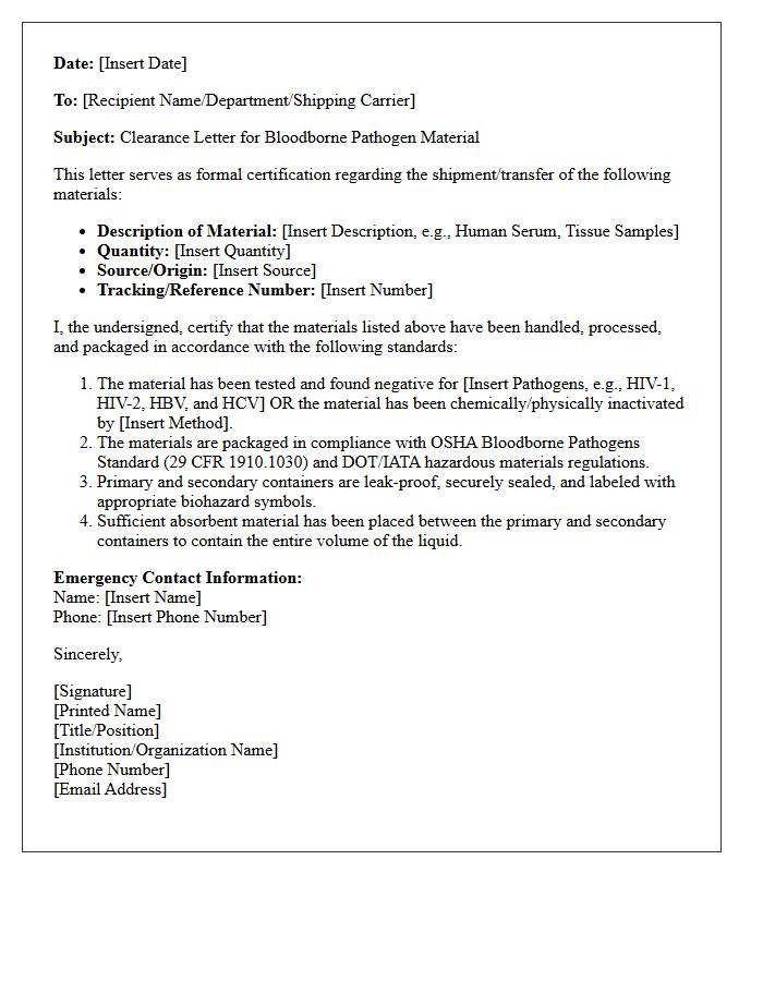 Bloodborne Pathogen Material Clearance Letter