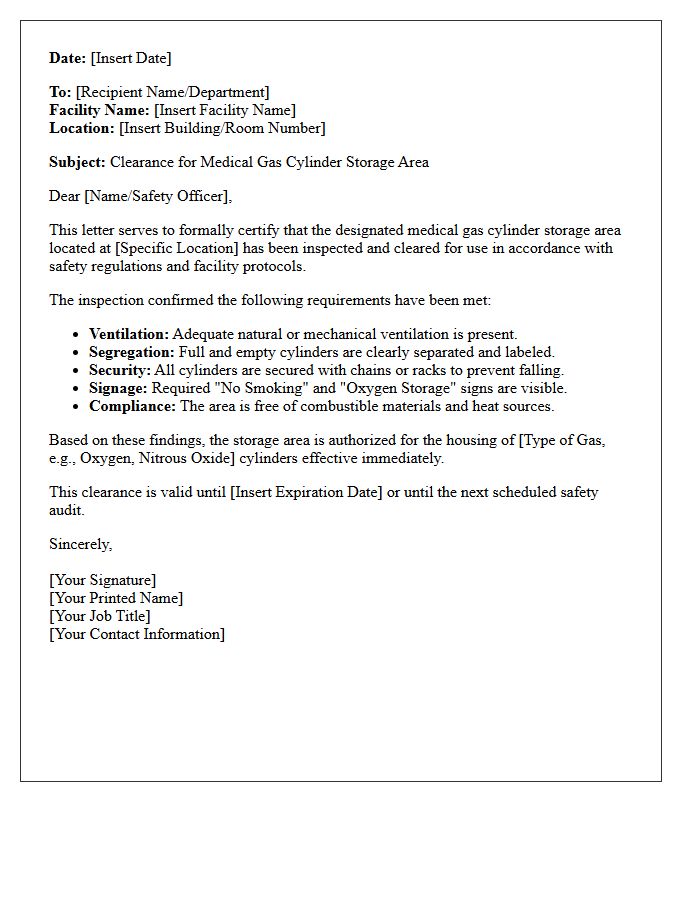 Medical Gas Cylinder Storage Clearance Letter