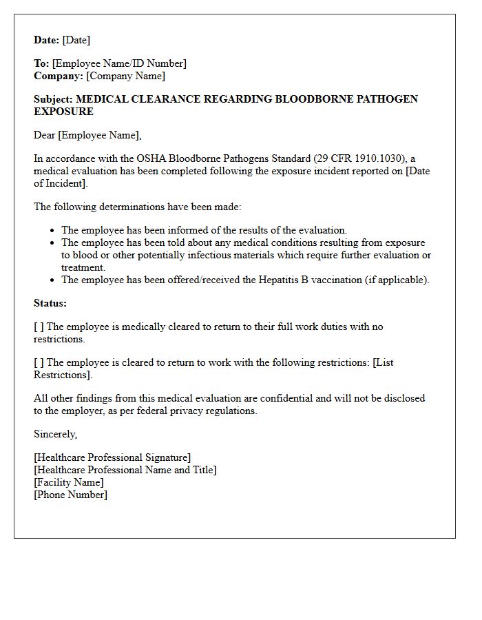 Standard Bloodborne Pathogen Exposure Clearance Letter