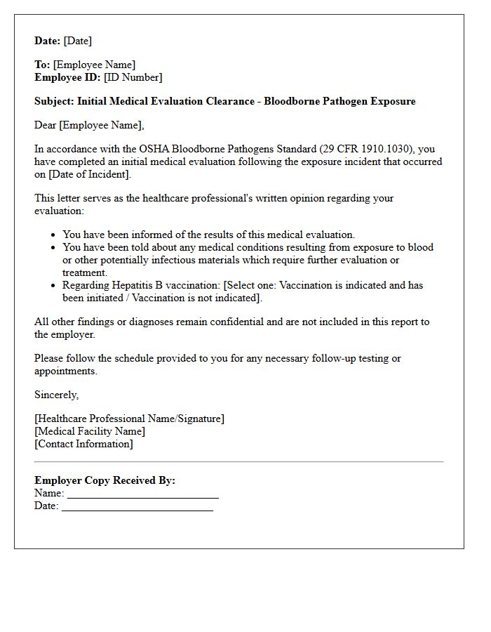 Initial Bloodborne Pathogen Incident Clearance Letter