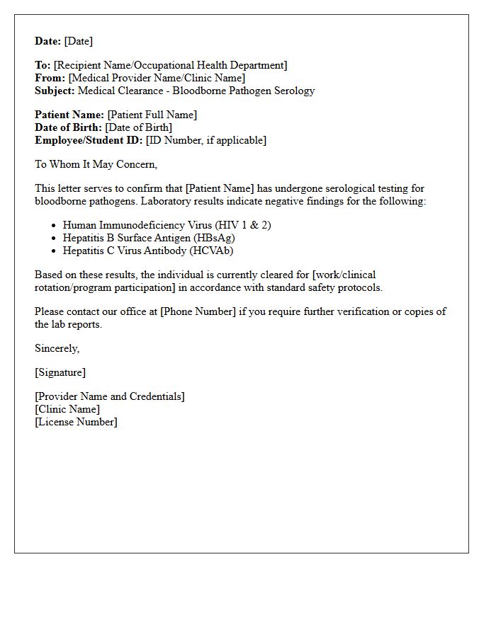 Negative Serology Bloodborne Pathogen Clearance Letter
