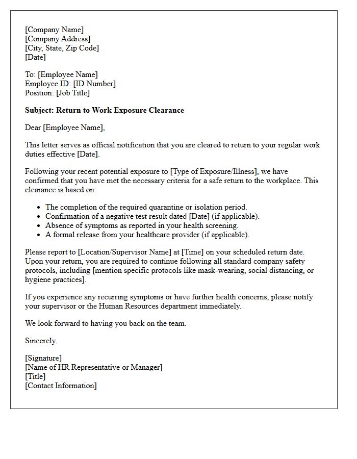 Employee Return to Work Exposure Clearance Letter