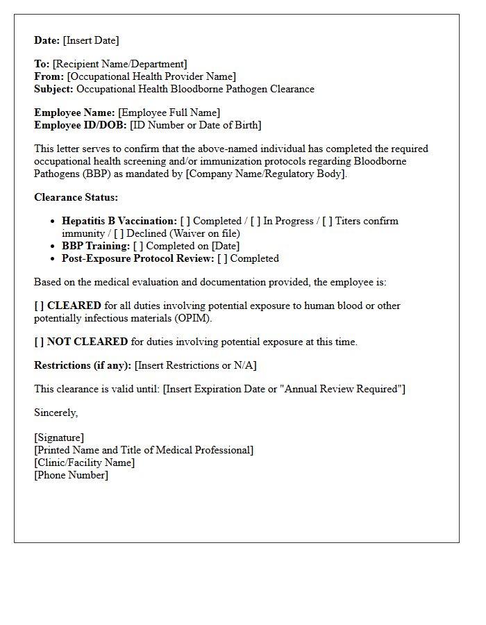 Occupational Health Bloodborne Pathogen Clearance Letter
