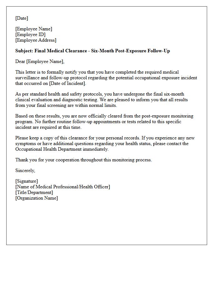 Final Six-Month Exposure Follow-Up Clearance Letter