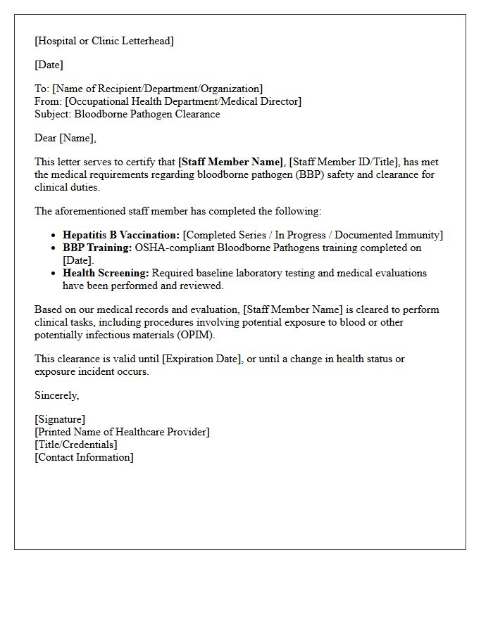 Clinical Staff Bloodborne Pathogen Clearance Letter