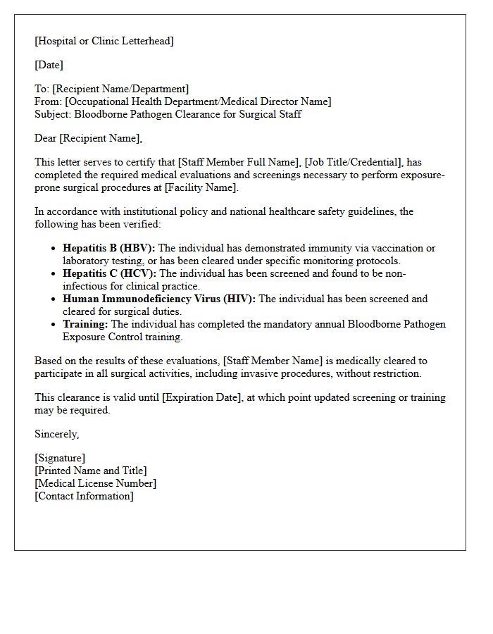 Surgical Staff Bloodborne Pathogen Clearance Letter
