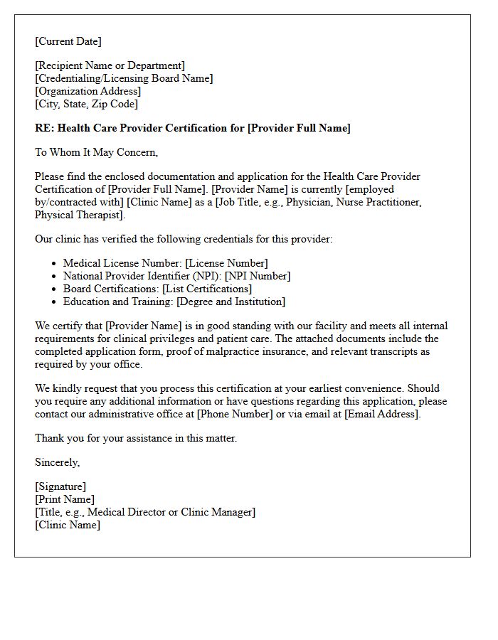 Medical Clinic Cover Letter for Health Care Provider Certification