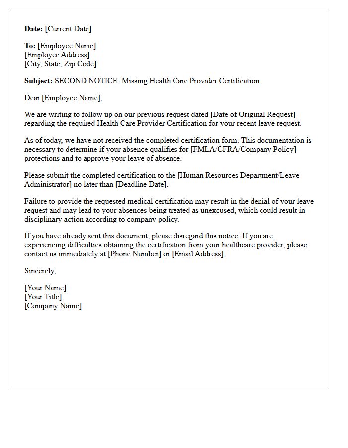 Follow-Up Letter for Missing Health Care Provider Certification