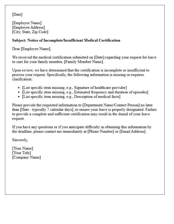 Notice of Incomplete Certification Letter for Family Member Condition