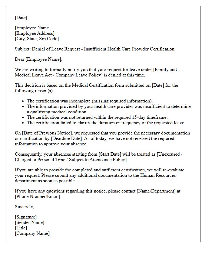 Denial Letter for Insufficient Health Care Provider Certification
