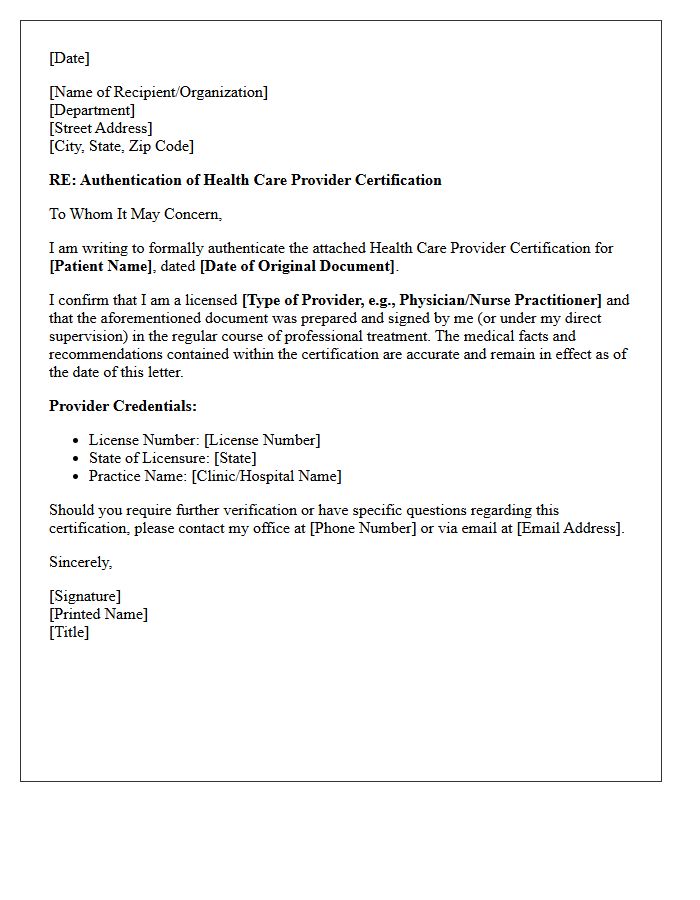 Authentication Letter for Health Care Provider Certification
