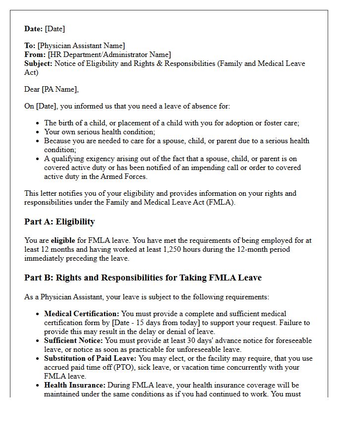 Physician Assistant FMLA Rights and Responsibilities Letter