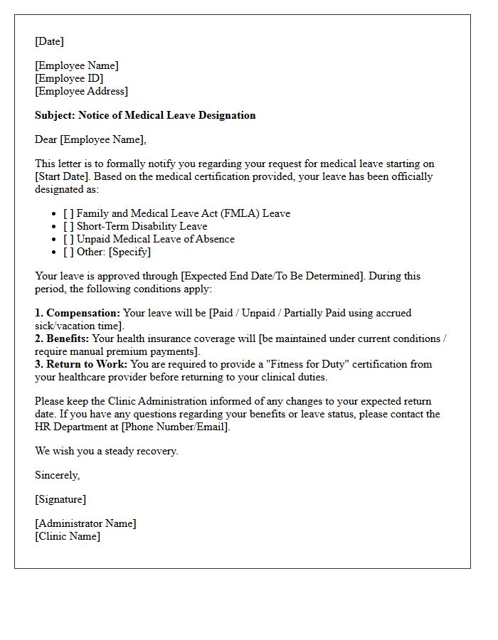 Clinic Administrator Medical Leave Designation Letter