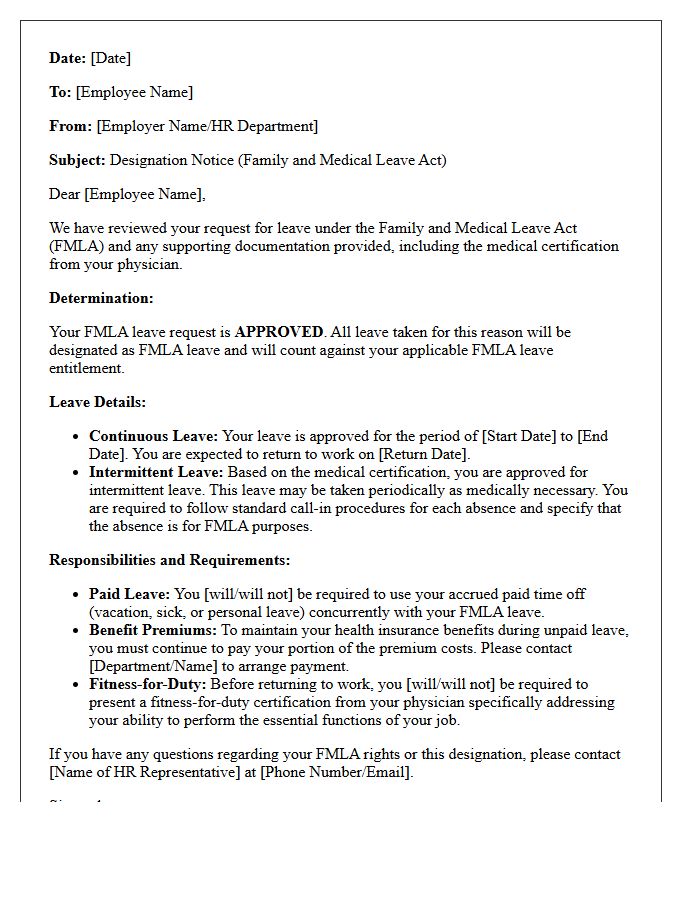 Designation Notice Letter for Approved Physician Family and Medical Leave