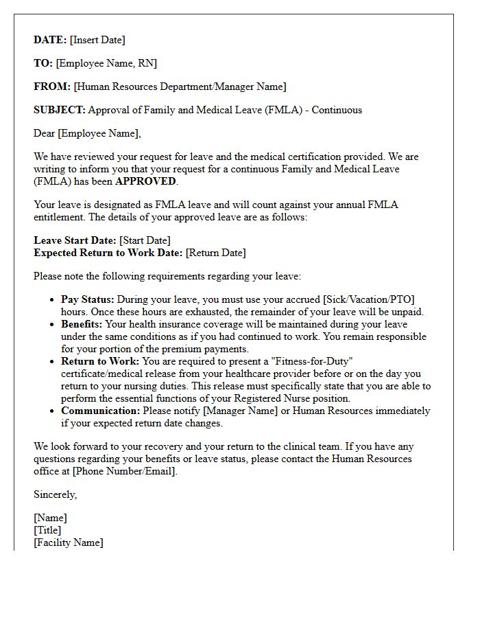 Continuous Family and Medical Leave Approved Designation Letter for Registered Nurse