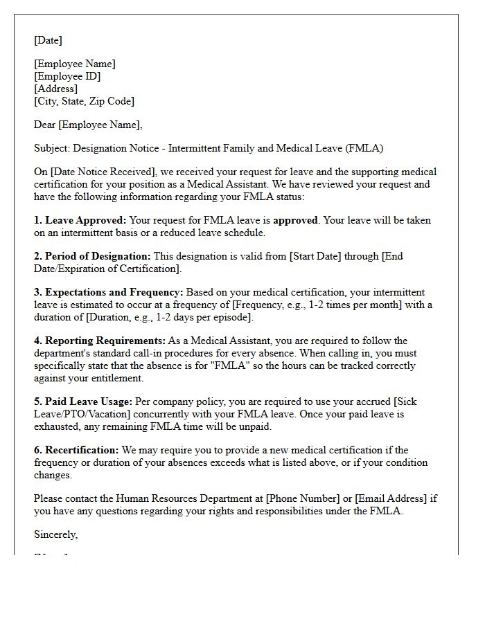 Medical Assistant Intermittent Family and Medical Leave Designation Notice Letter