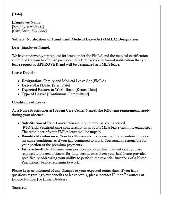 Urgent Care Nurse Practitioner Approved Family and Medical Leave Designation Letter