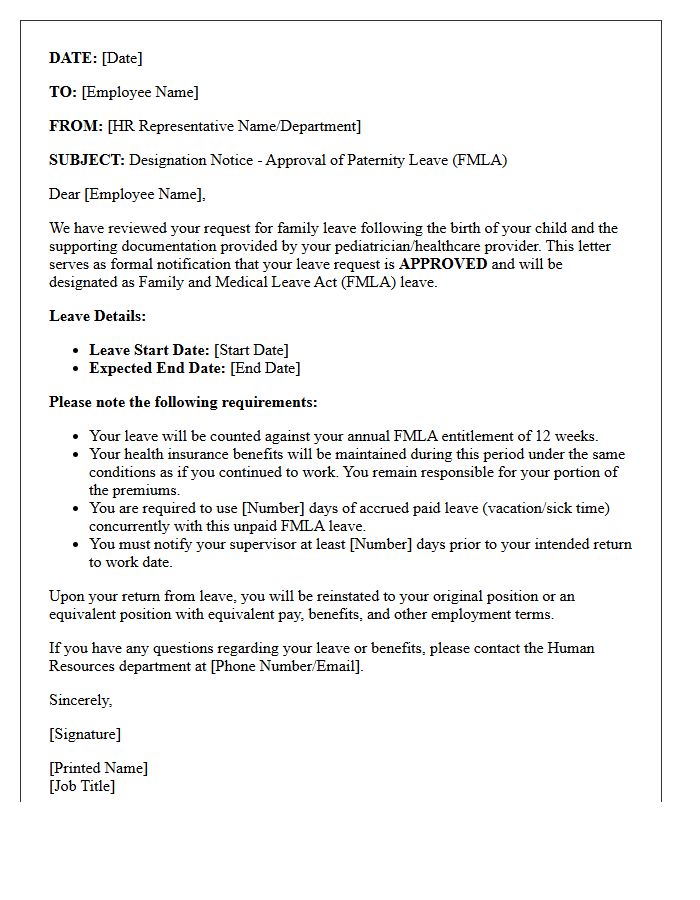 Approved Pediatrician Paternity Family and Medical Leave Designation Notice Letter