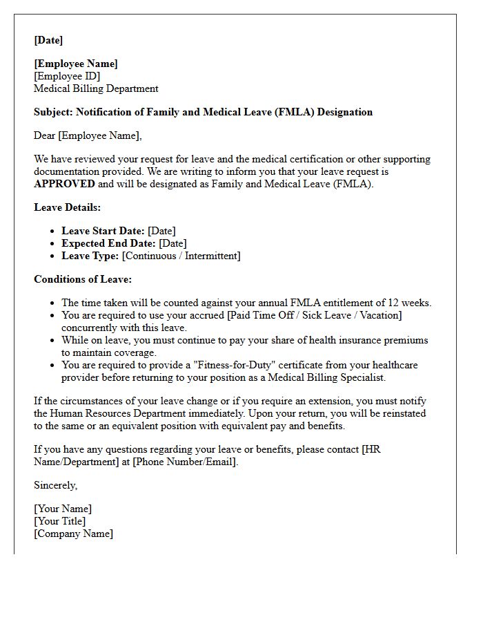 Medical Billing Specialist Approved Family and Medical Leave Designation Letter