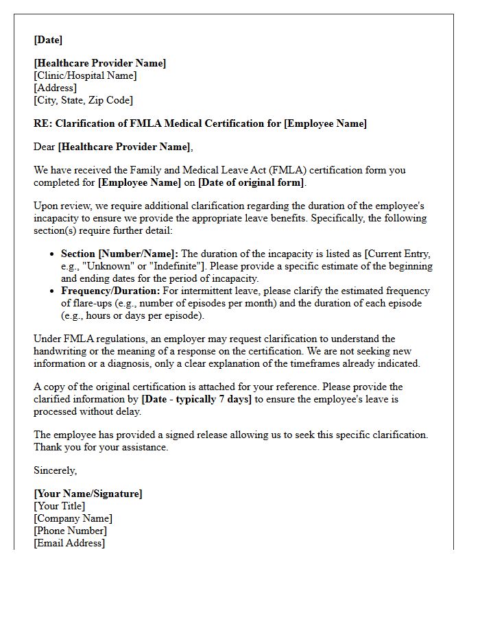 Medical Clarification Letter for Unclear Incapacity Duration on FMLA Certification