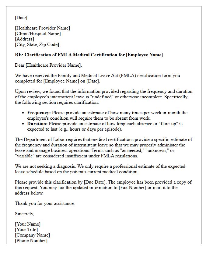 Medical Clarification Letter for Undefined Intermittent Leave Frequency on FMLA Certification
