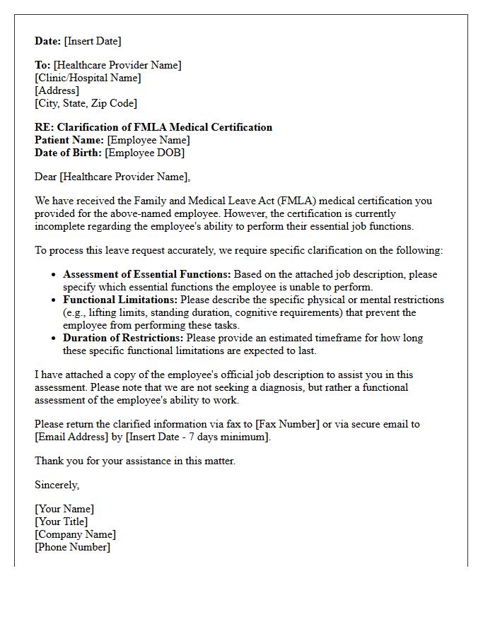 Medical Clarification Letter for Incomplete Essential Job Functions Assessment on FMLA Certification