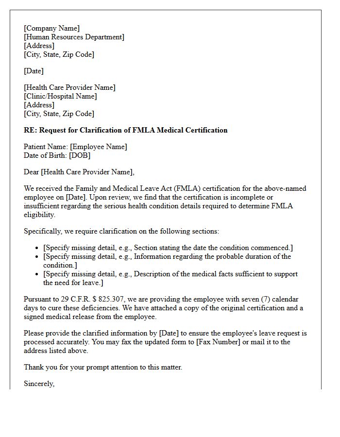 Medical Clarification Letter for Missing Serious Health Condition Details on FMLA Certification