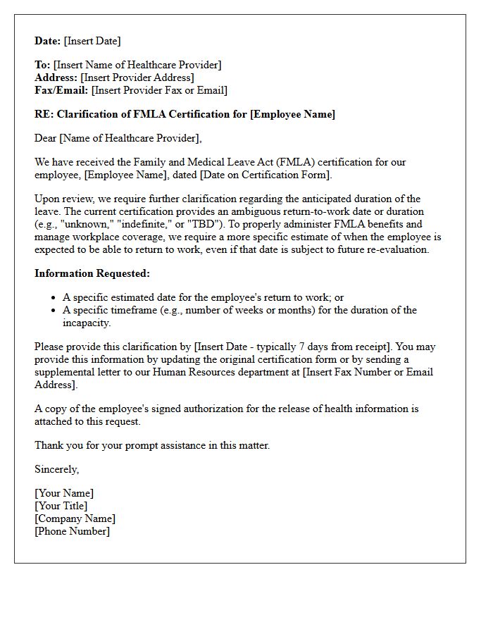Medical Clarification Letter for Ambiguous Return to Work Date on FMLA Certification