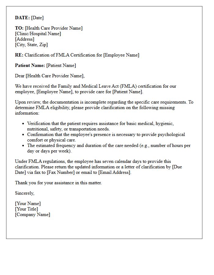 Medical Clarification Letter for Missing Caregiver Requirements on FMLA Certification