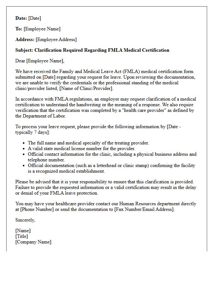 Medical Clarification Letter for Unverified Medical Clinic Provider Credentials on FMLA Certification