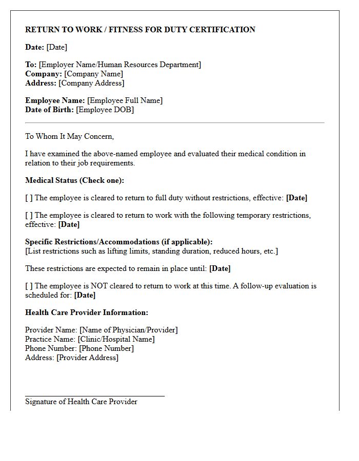 Standard Return to Work Fitness for Duty Certification Letter