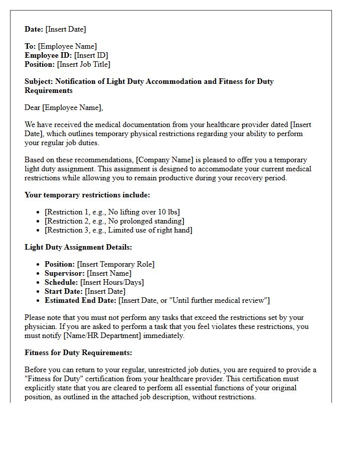 Light Duty Accommodation Fitness for Duty Letter