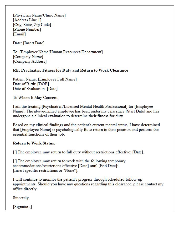 Psychiatric Clearance Fitness for Duty Return to Work Letter