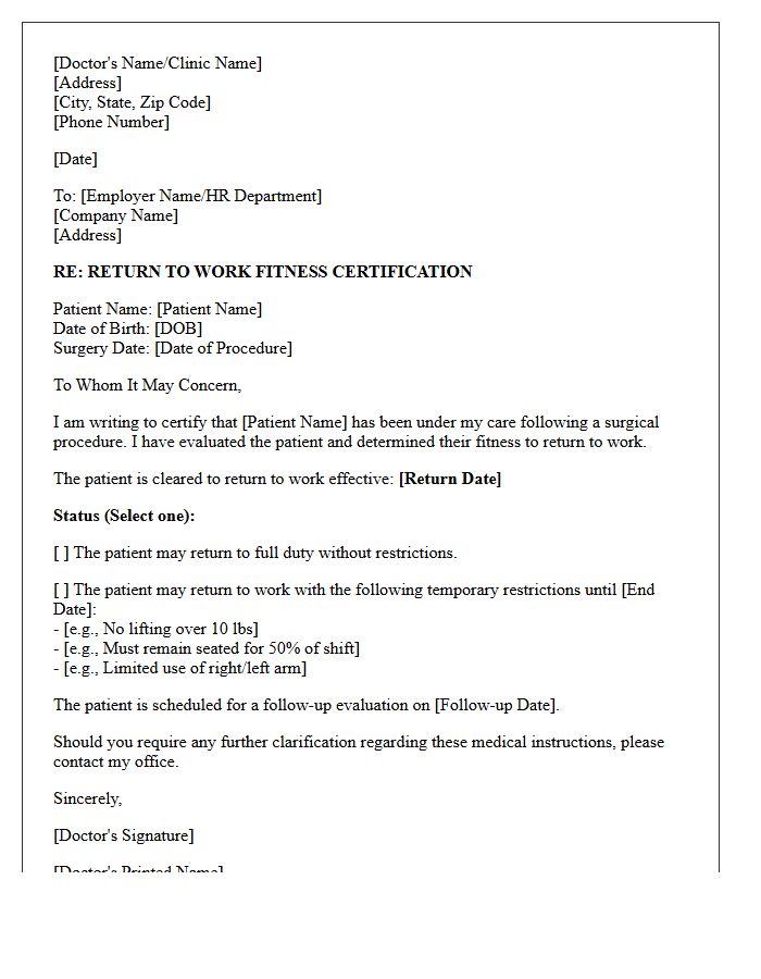 Post-Surgical Return to Work Fitness Certification Letter