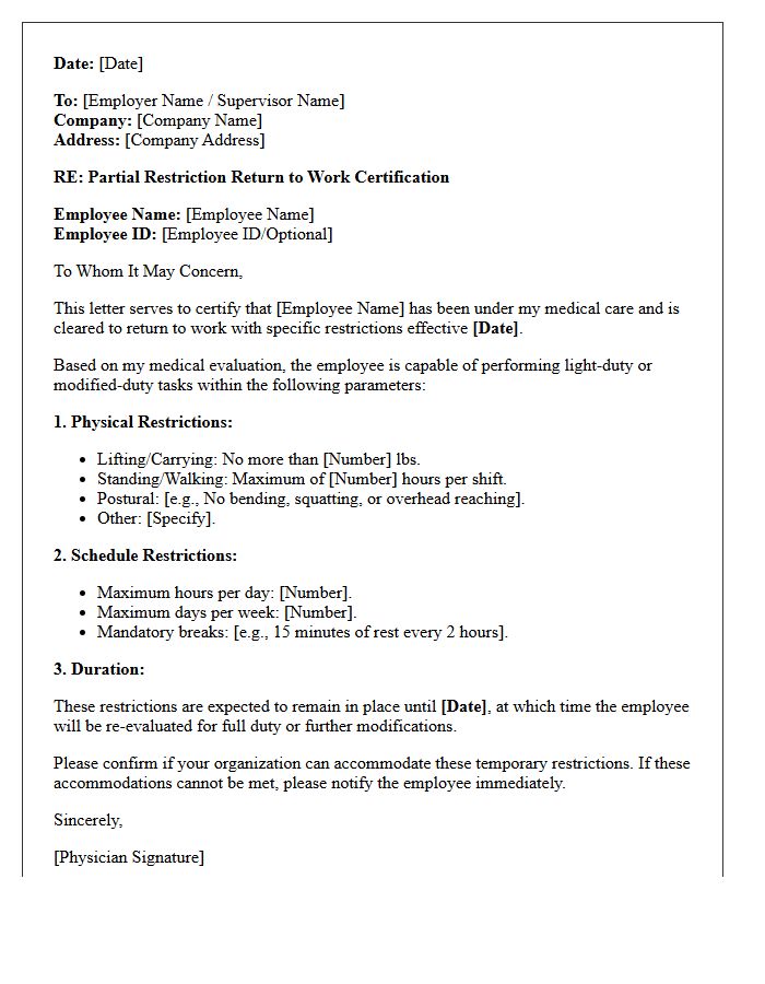Partial Restriction Return to Work Certification Letter