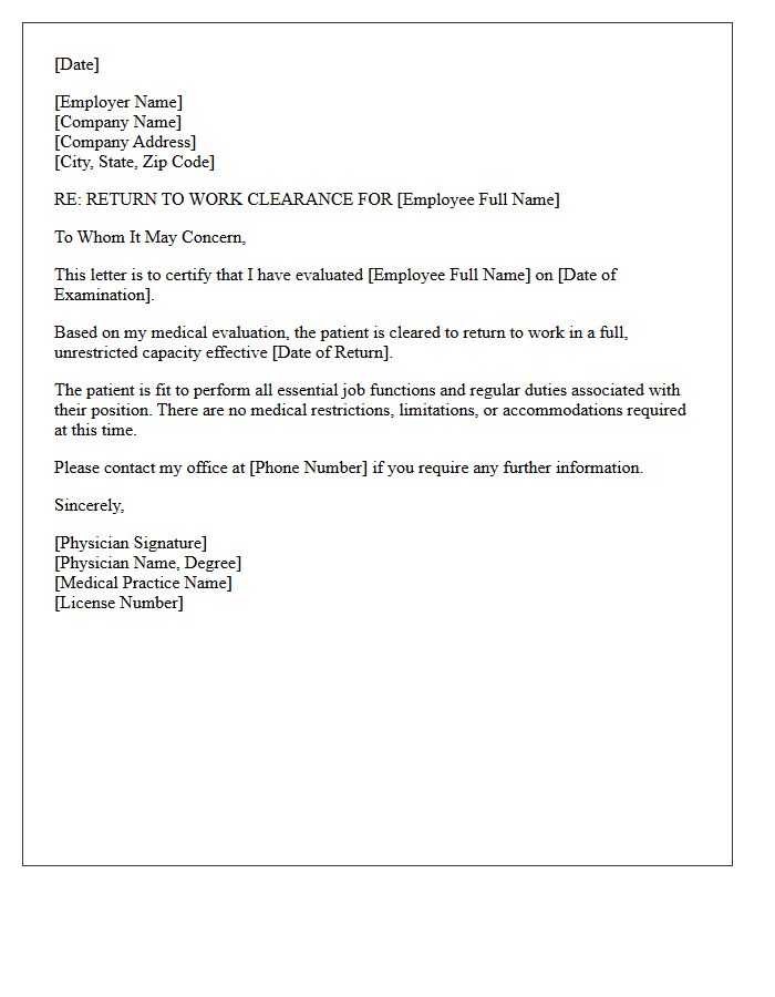 Full Unrestricted Duty Clearance Return to Work Letter