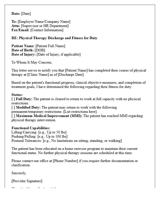 Physical Therapy Discharge Fitness for Duty Letter