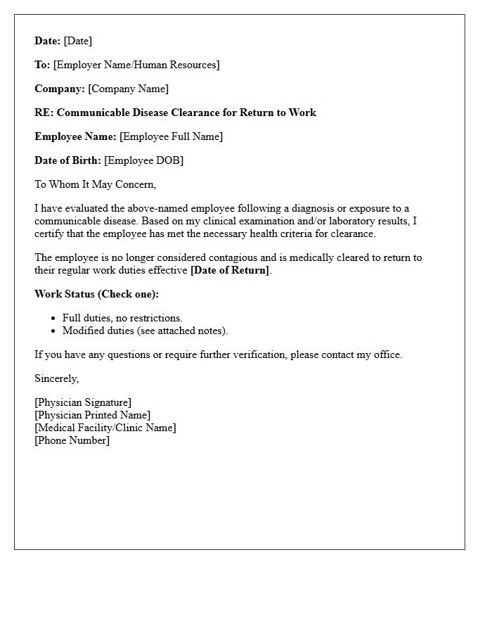 Communicable Disease Clearance Return to Work Letter
