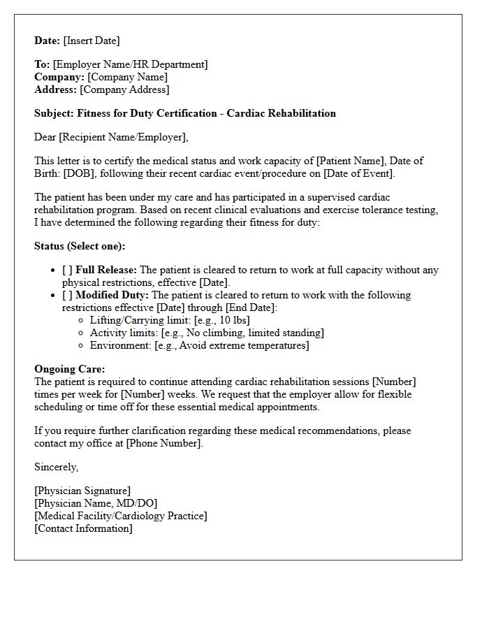 Cardiac Rehabilitation Fitness for Duty Certification Letter