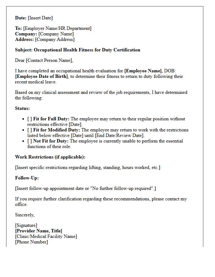 Occupational Health Fitness for Duty Return to Work Letter