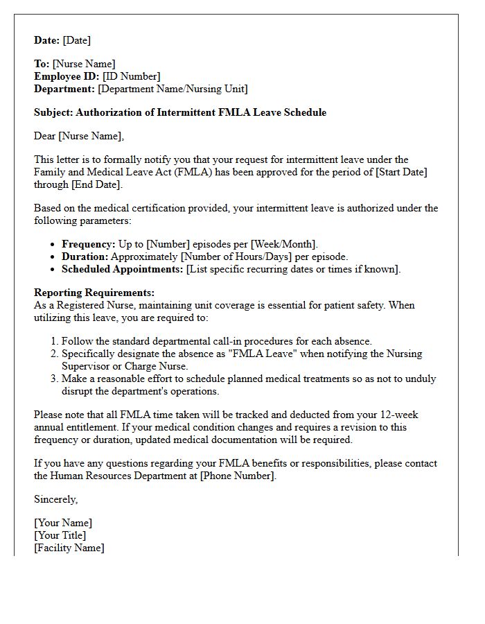 Registered Nurse Intermittent FMLA Leave Schedule Authorization Letter