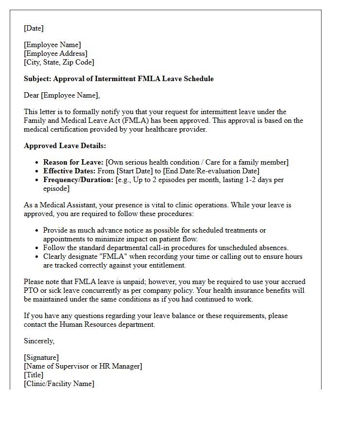 Medical Assistant Intermittent FMLA Leave Schedule Approval Letter