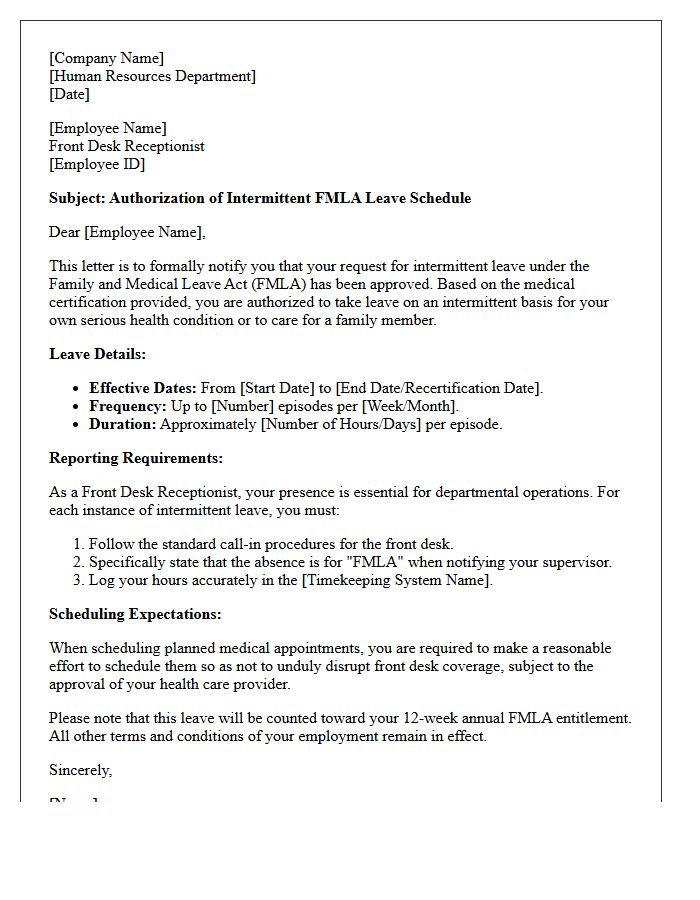 Front Desk Receptionist Intermittent FMLA Leave Schedule Authorization Letter
