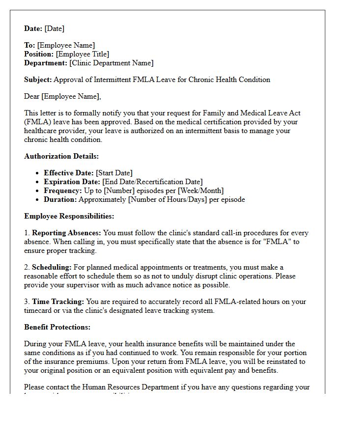 Clinic Employee Chronic Illness Intermittent FMLA Schedule Authorization Letter