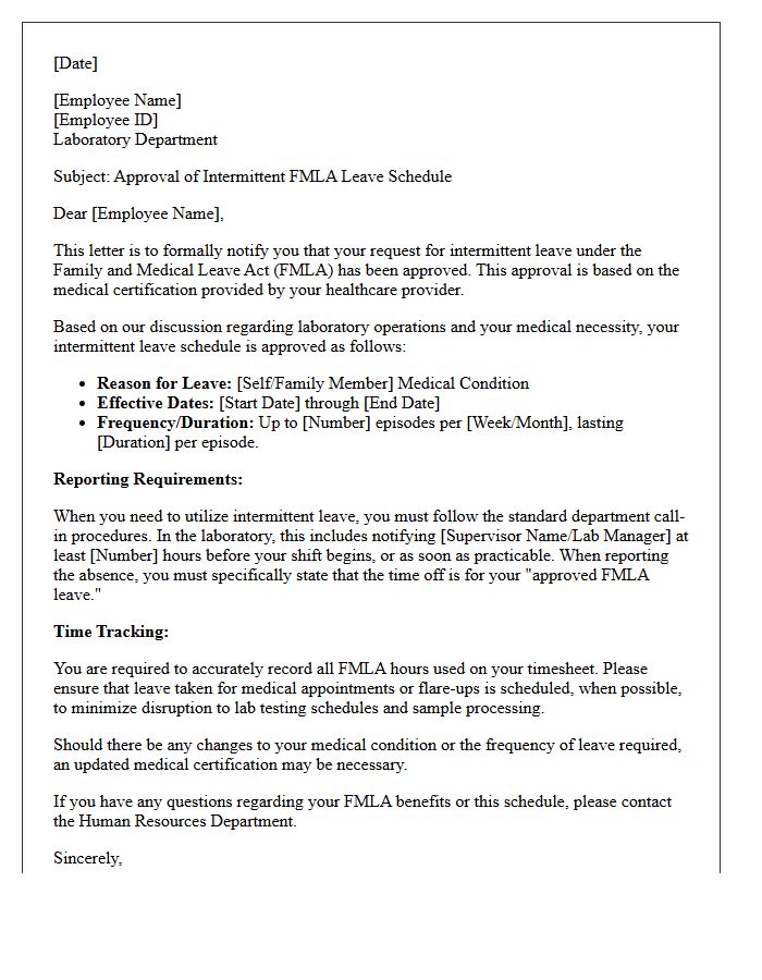 Laboratory Technician Intermittent FMLA Leave Schedule Approval Letter