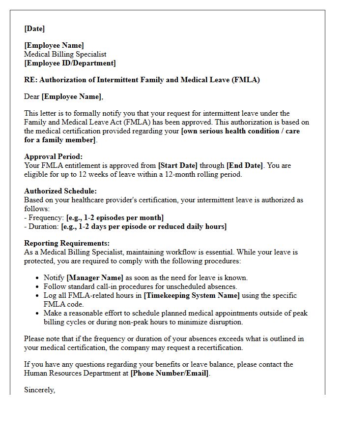 Medical Billing Specialist Intermittent FMLA Schedule Authorization Letter