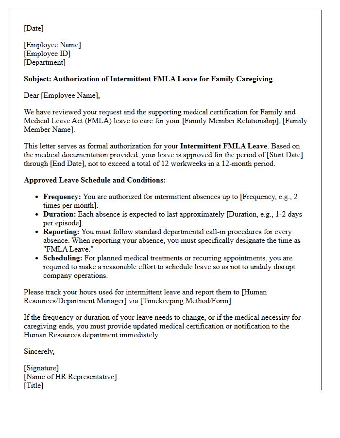 Family Caregiving Intermittent FMLA Leave Schedule Authorization Letter