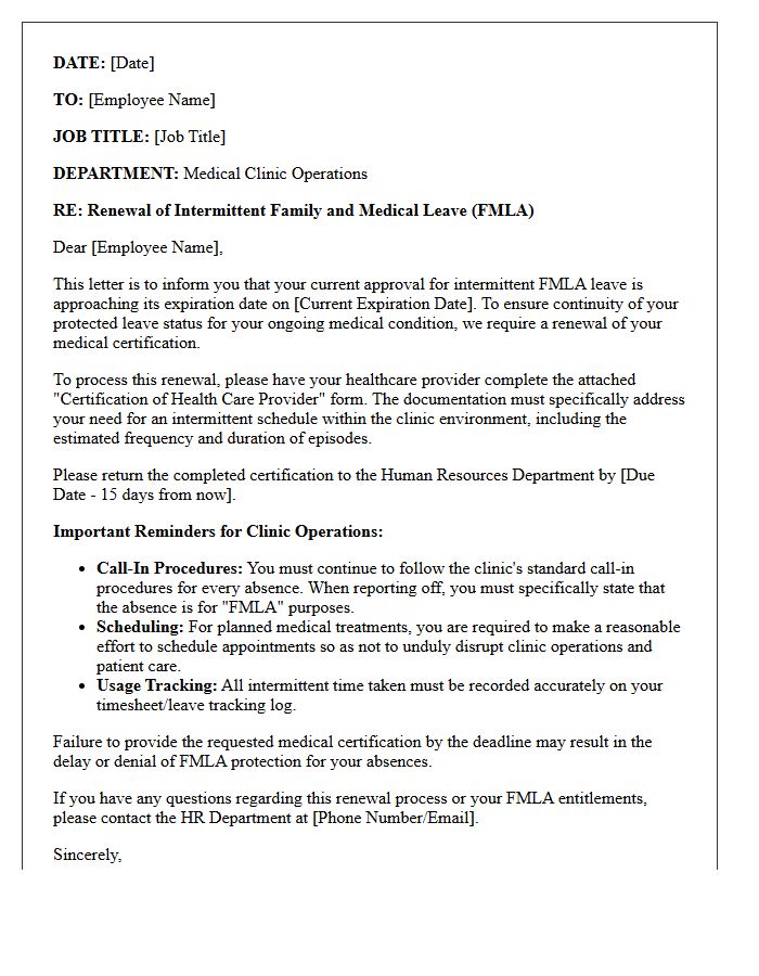 Renewal Letter For Intermittent FMLA Leave Schedule In Medical Clinic Operations